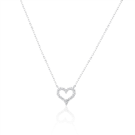 Heart necklace with brilliant cut gemstones in 925 sterling silver on a white background.