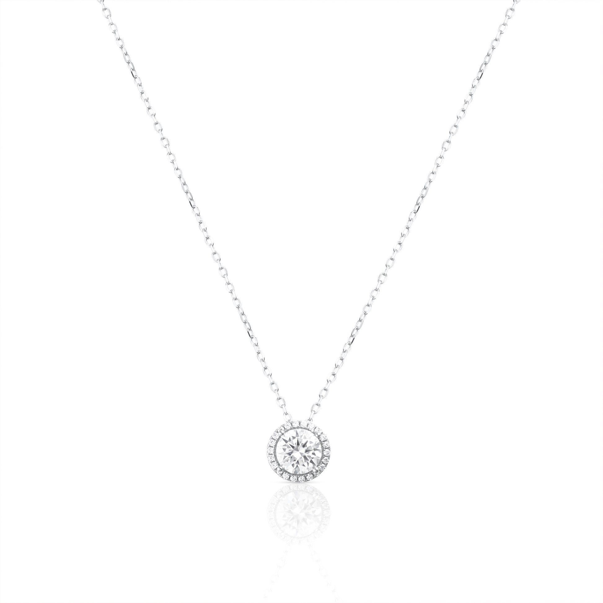 Round contour necklace in 925 sterling silver with 1 ct brilliant cut moissanite on a white background.