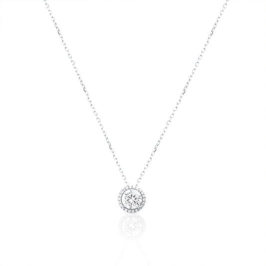 Round contour necklace in 925 sterling silver with 1 ct brilliant cut moissanite on a white background.