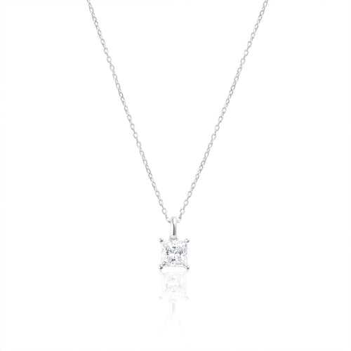 925 sterling silver necklace with 2 ct princess cut moissanite pendant on a white background.