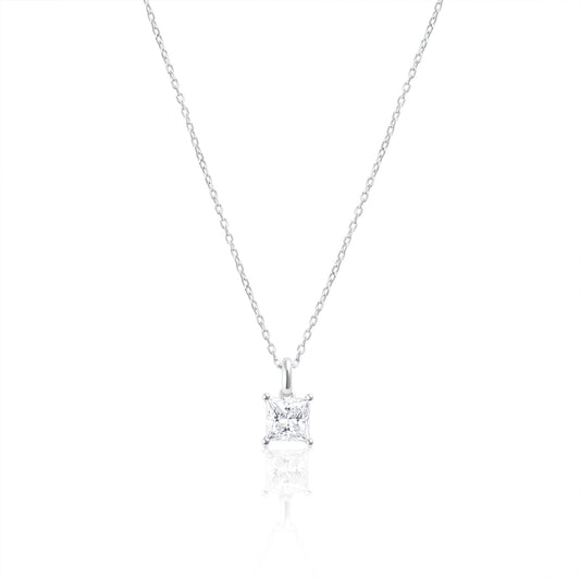 925 sterling silver necklace with 2 ct princess cut moissanite pendant on a white background.