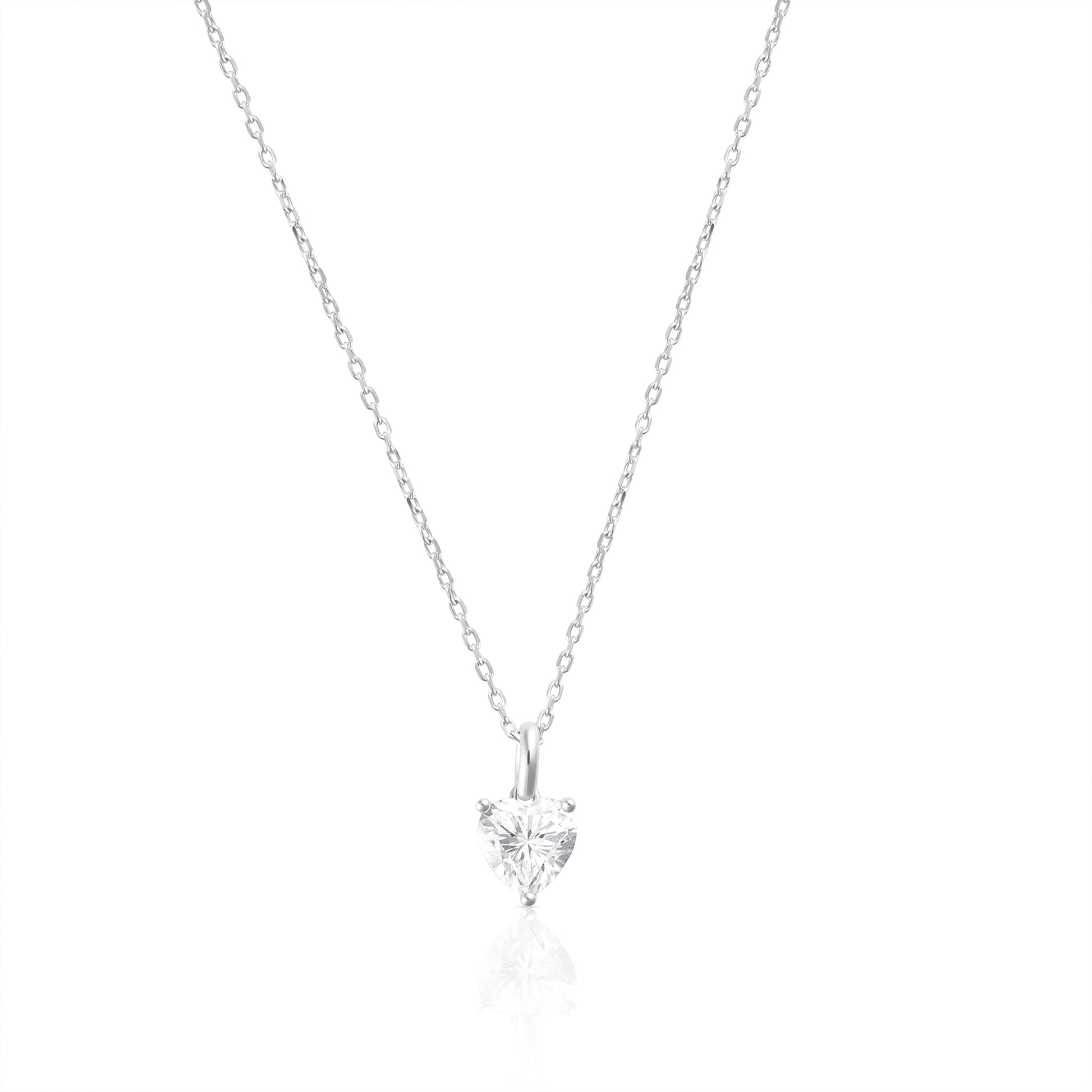 925 sterling silver necklace with 2 ct heart cut moissanite pendant on a white background.