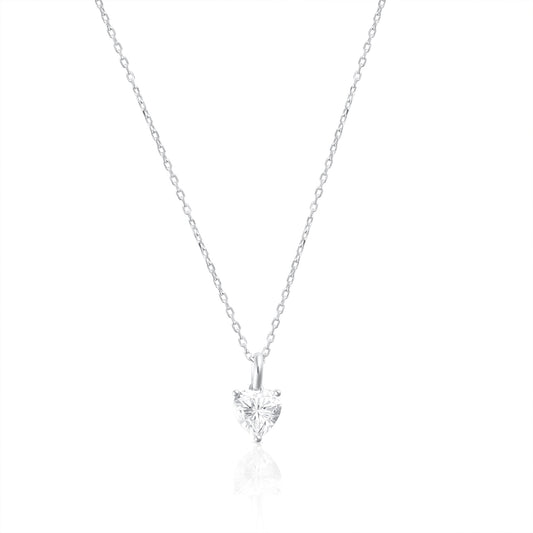 925 sterling silver necklace with 2 ct heart cut moissanite pendant on a white background.