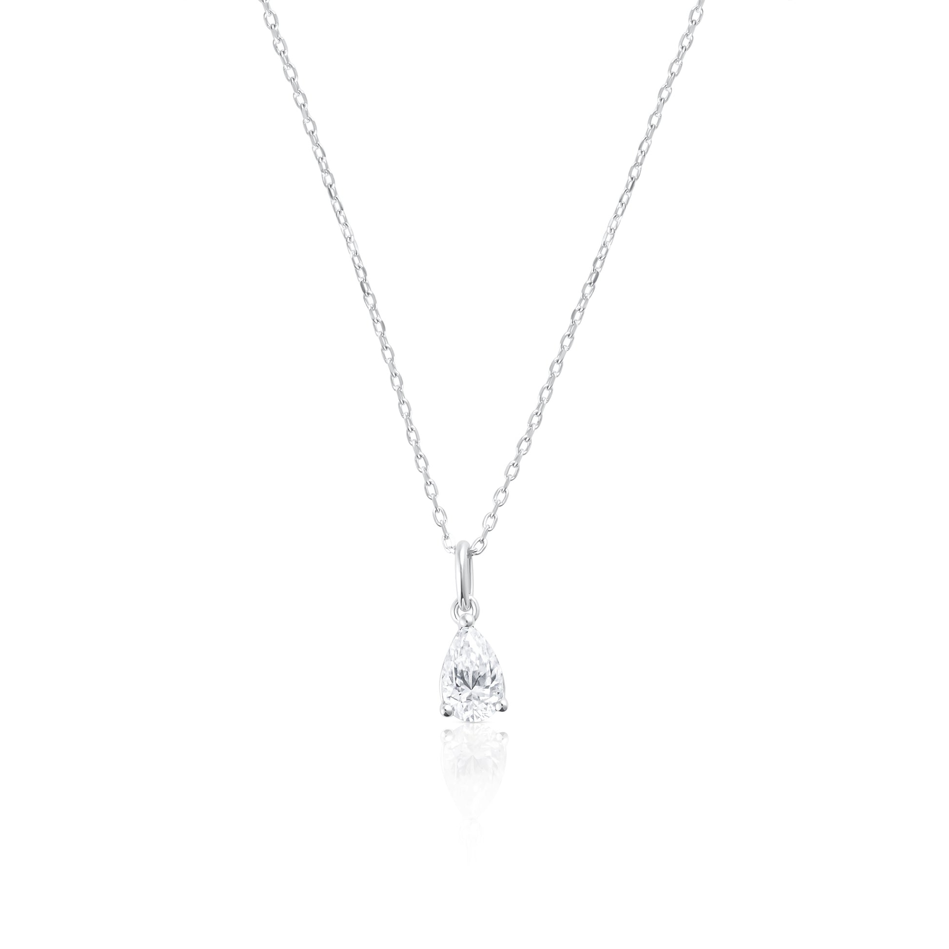 925 sterling silver necklace with 1 ct pear cut moissanite pendant on a white background.