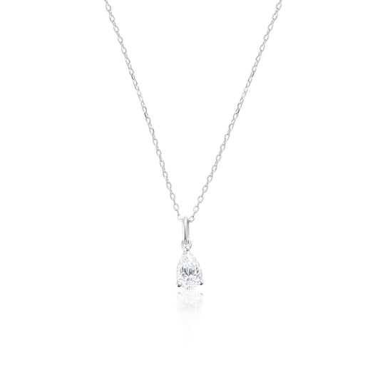 925 sterling silver necklace with 1 ct pear cut moissanite pendant on a white background.