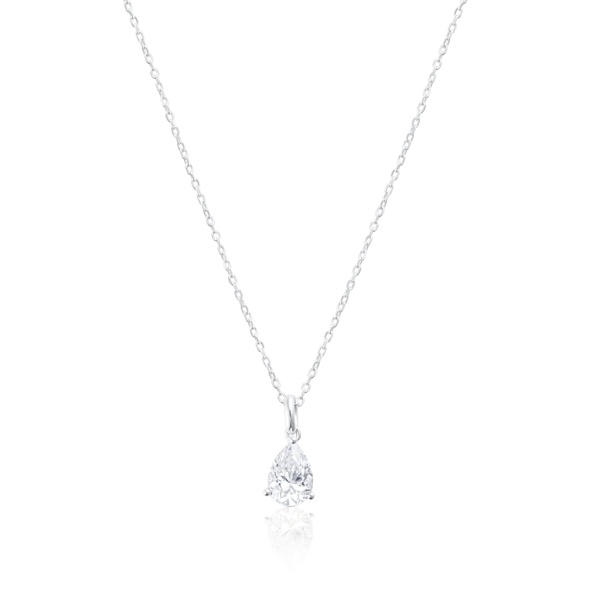 925 sterling silver necklace with 2 ct pear cut moissanite pendant on a white background.