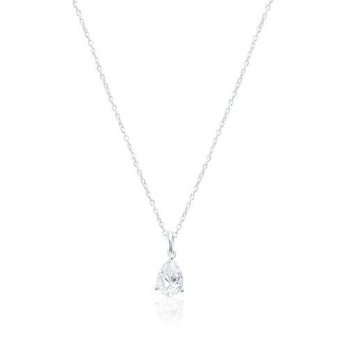 925 sterling silver necklace with 2 ct pear cut moissanite pendant on a white background.
