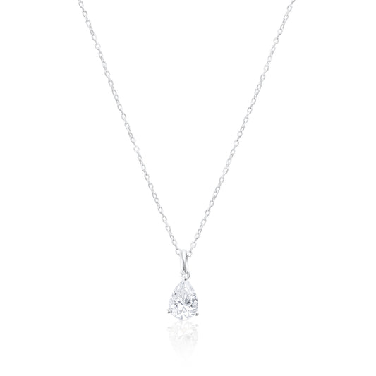 925 sterling silver necklace with 2 ct pear cut moissanite pendant on a white background.