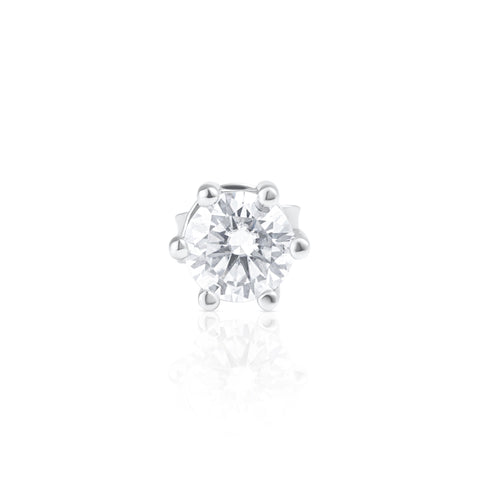 Front view of a 0.5 ct brilliant cut moissanite stud earring with six-prong setting.