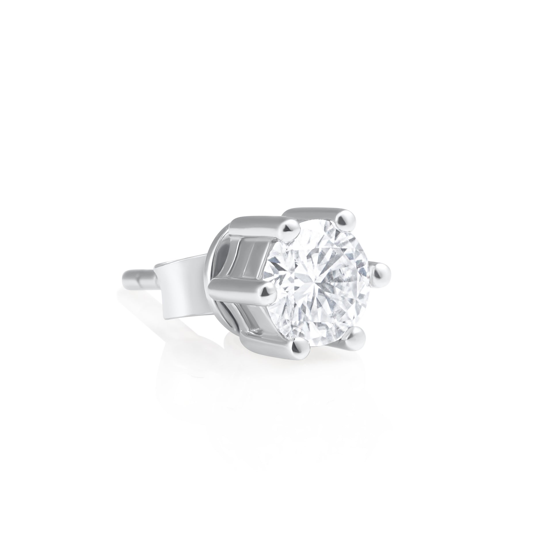 Angled side view of a 0.5 ct moissanite stud earring in polished 925 sterling silver.