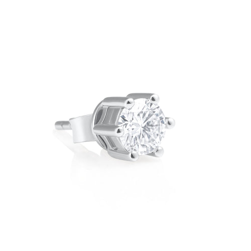 Angled side view of a 0.5 ct moissanite stud earring in polished 925 sterling silver.
