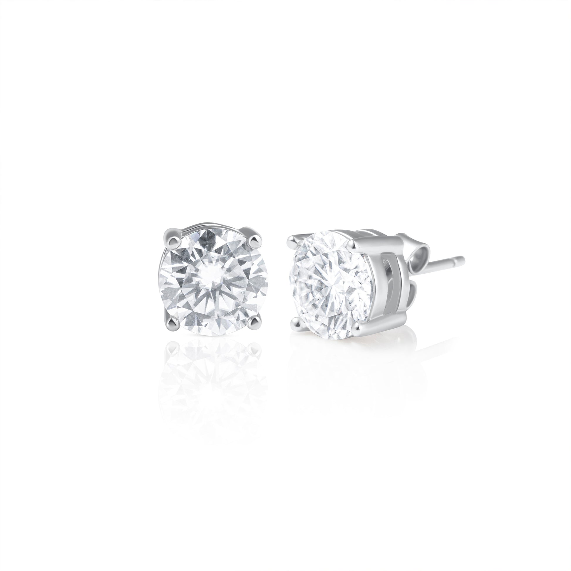 Pair of 1 ct brilliant cut moissanite stud earrings crafted in 925 sterling silver with a classic four-prong setting.