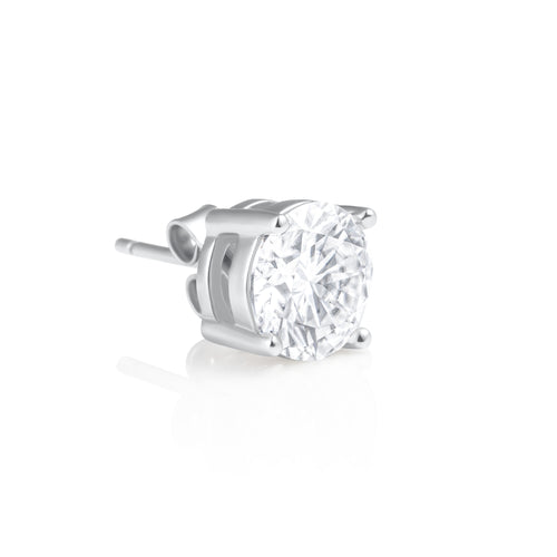 Angled side view of a 1 ct moissanite stud earring in 925 sterling silver highlighting the solitaire setting.