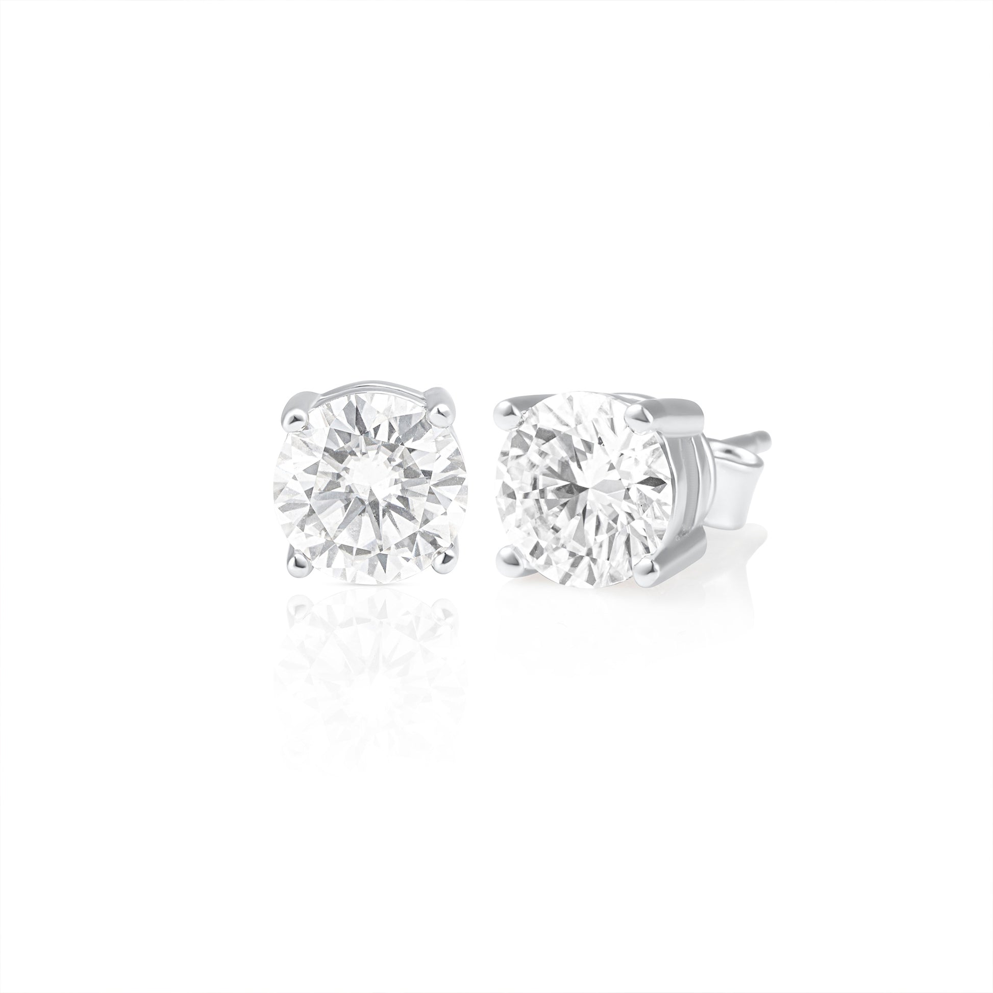 Pair of 2 ct brilliant cut moissanite stud earrings crafted in 925 sterling silver, showcasing exceptional sparkle and timeless elegance.