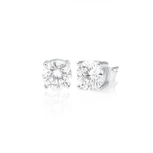 Pair of 2 ct brilliant cut moissanite stud earrings crafted in 925 sterling silver, showcasing exceptional sparkle and timeless elegance.