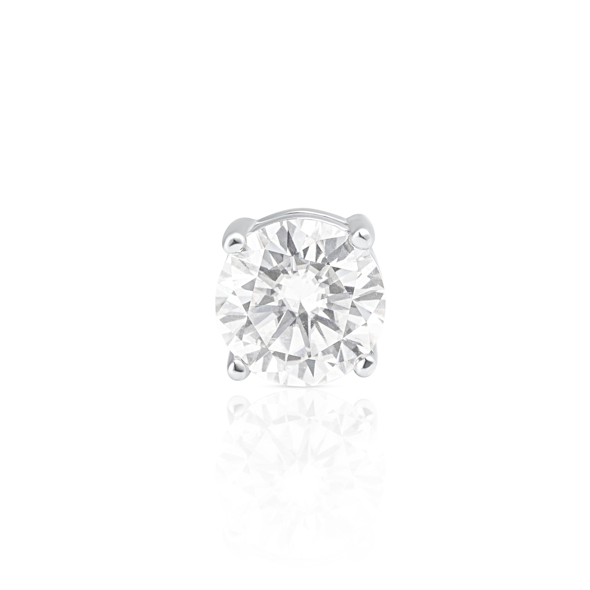 Front view of a 2 ct brilliant cut moissanite stud earring set in a classic four-prong 925 sterling silver setting.