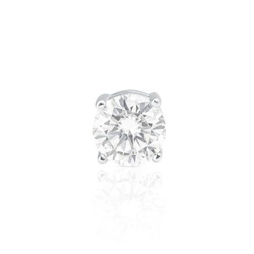 Front view of a 2 ct brilliant cut moissanite stud earring set in a classic four-prong 925 sterling silver setting.