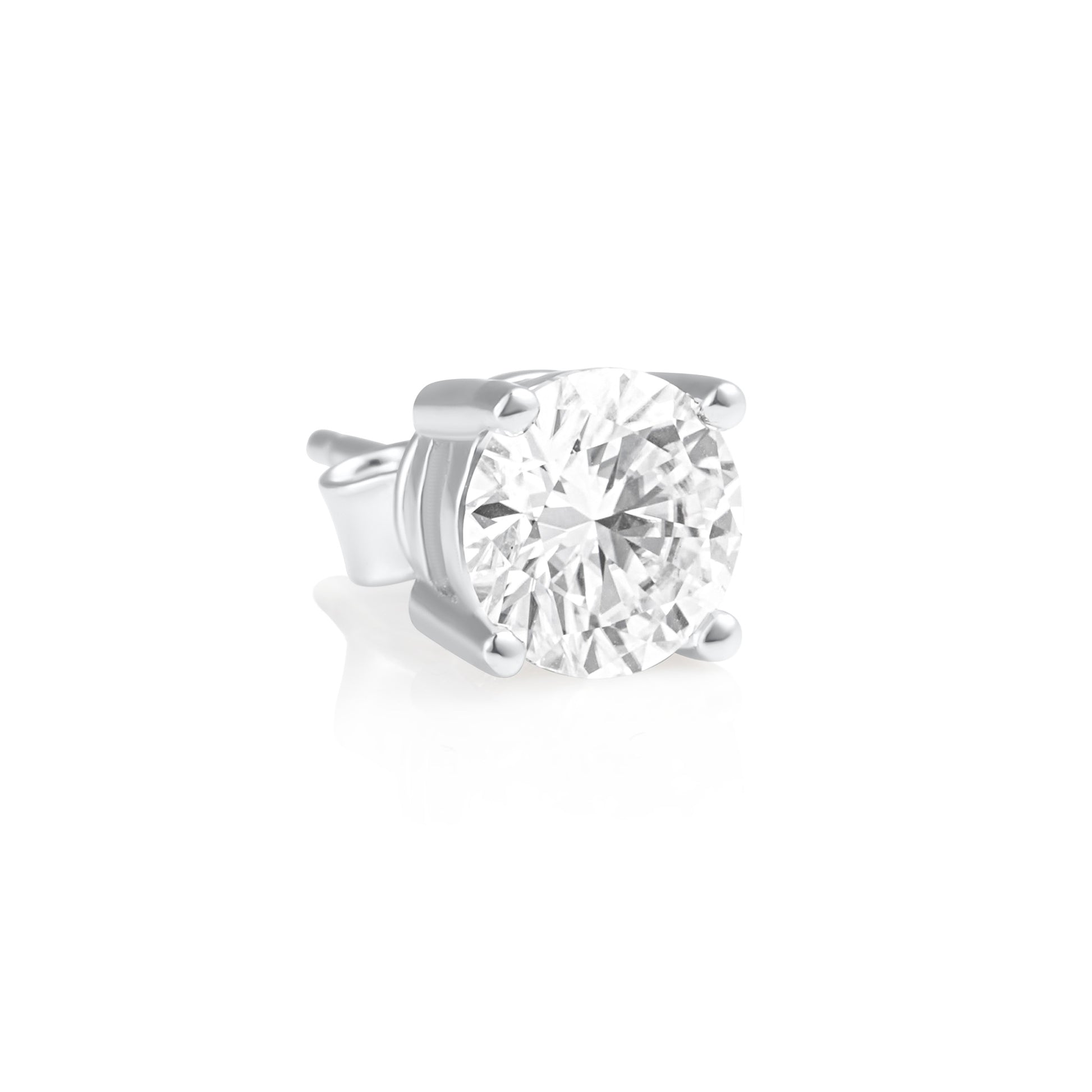 Angled view of a 2 ct moissanite stud earring in 925 sterling silver highlighting its brilliant cut and secure four-prong setting.