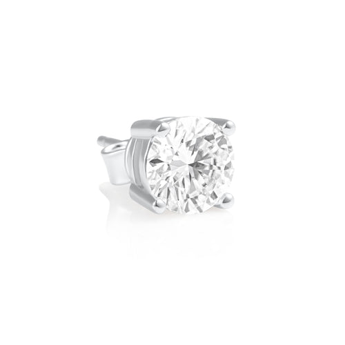 Angled view of a 2 ct moissanite stud earring in 925 sterling silver highlighting its brilliant cut and secure four-prong setting.