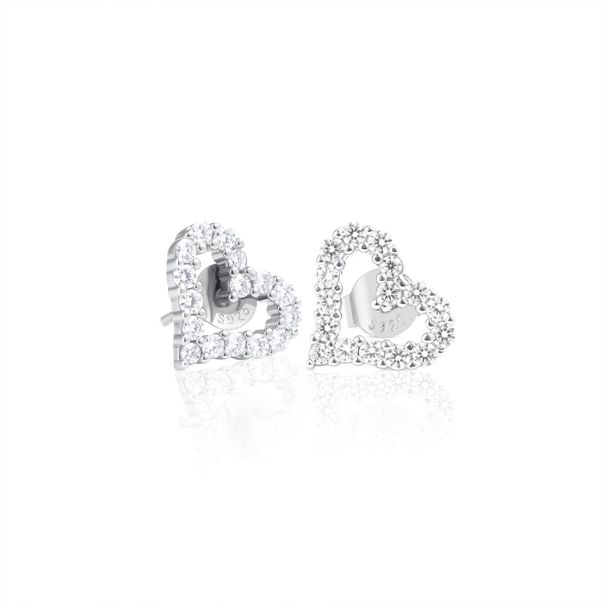 Heart earrings in 925 sterling silver featuring a delicate open-heart design adorned with brilliant cut moissanite stones, displayed as a sparkling pair.