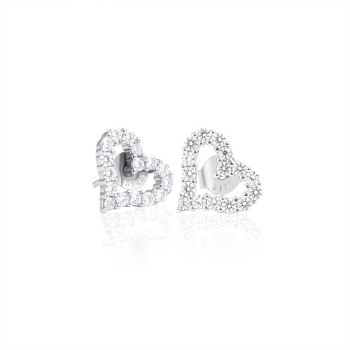 Heart earrings in 925 sterling silver featuring a delicate open-heart design adorned with brilliant cut moissanite stones, displayed as a sparkling pair.