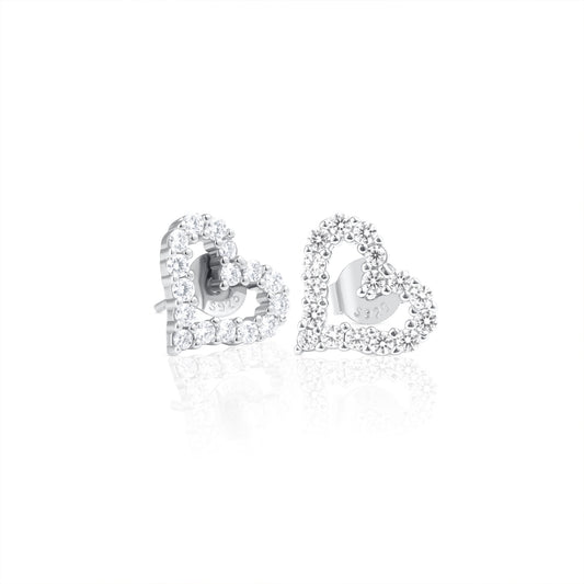 Heart earrings in 925 sterling silver featuring a delicate open-heart design adorned with brilliant cut moissanite stones, displayed as a sparkling pair.