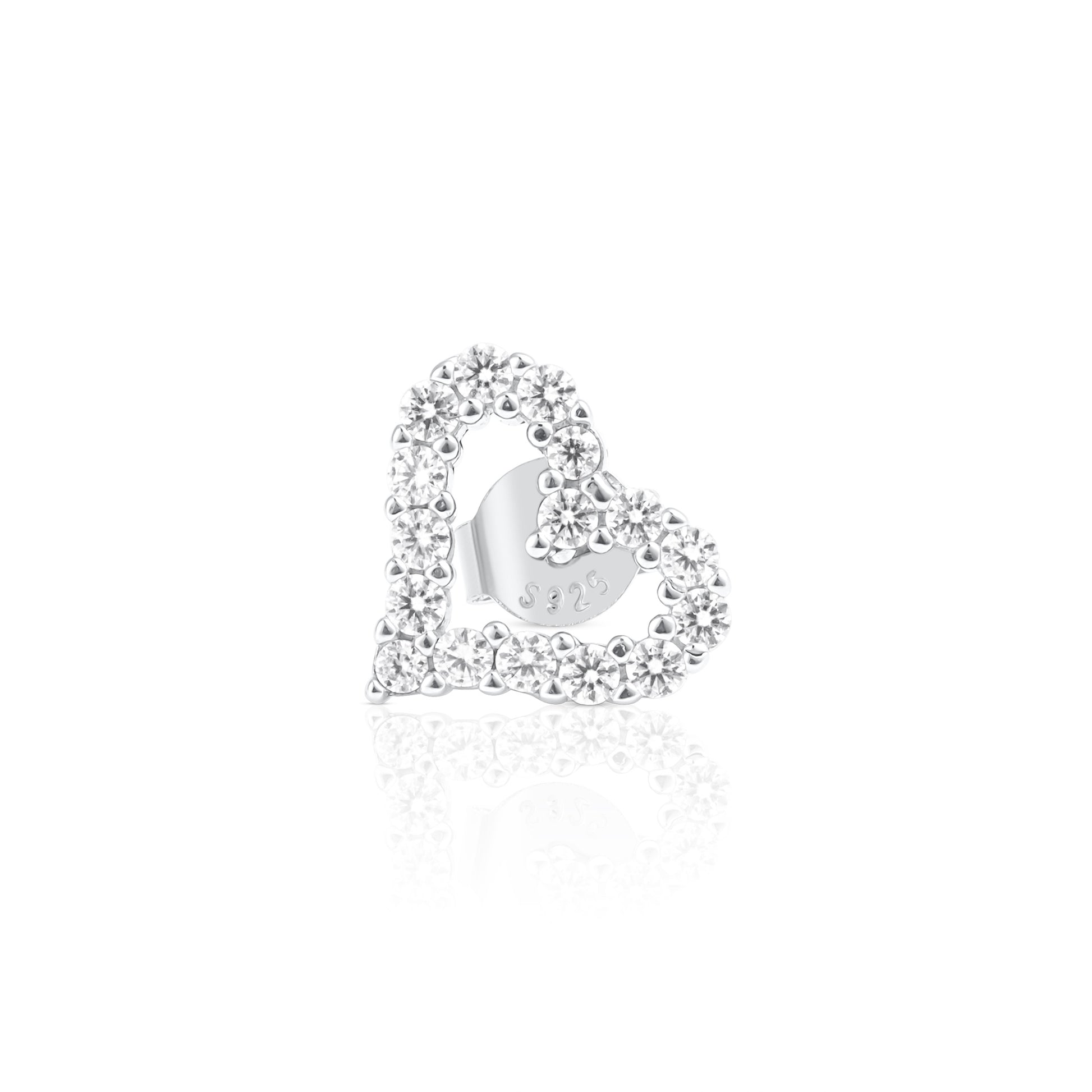 Front view of a heart-shaped earring crafted in 925 sterling silver and set with brilliant cut moissanite stones along the open-heart silhouette.