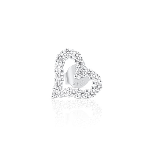 Front view of a heart-shaped earring crafted in 925 sterling silver and set with brilliant cut moissanite stones along the open-heart silhouette.