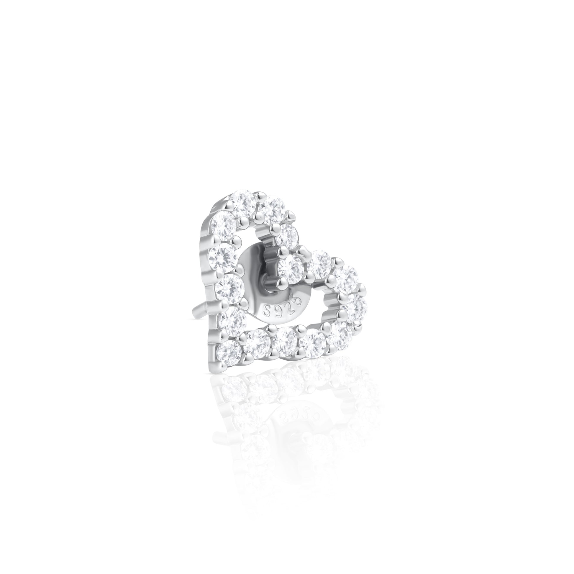 Angled view of a heart earring in 925 sterling silver featuring brilliant cut moissanite stones that create a radiant and romantic sparkle.
