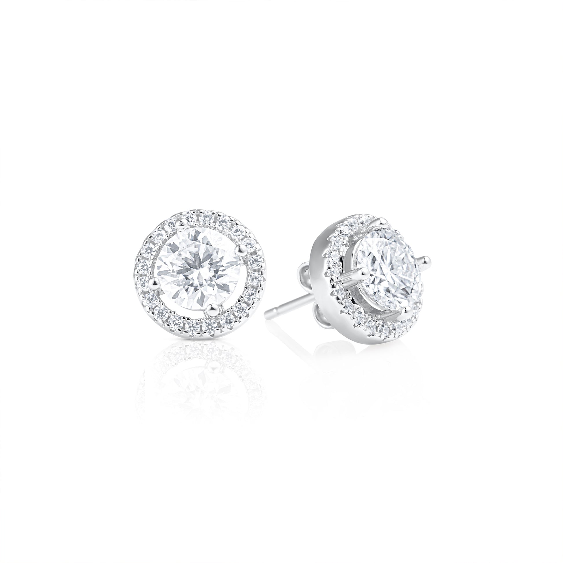 Round Contorno earrings featuring 1 ct brilliant cut moissanite stones in 925 sterling silver, displayed as a pair with a sparkling pavé halo design and polished finish.