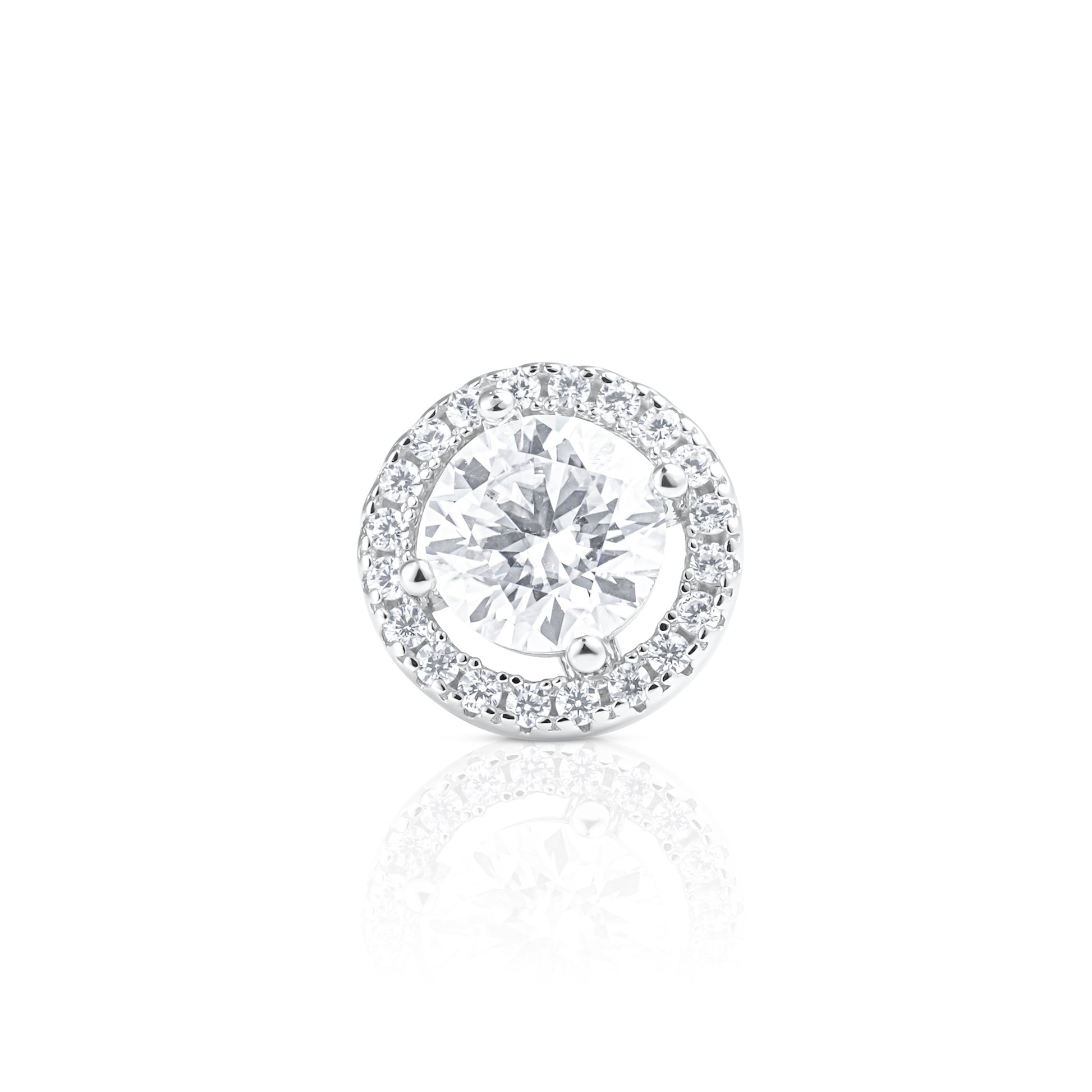 Front view of a Round Contorno earring showcasing a 1 ct brilliant cut moissanite surrounded by a delicate pavé halo in polished 925 sterling silver.