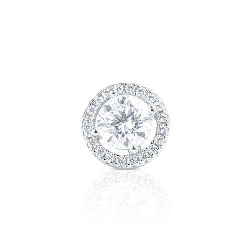 Front view of a Round Contorno earring showcasing a 1 ct brilliant cut moissanite surrounded by a delicate pavé halo in polished 925 sterling silver.