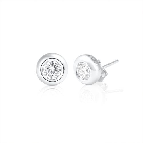 Pair of light point stud earrings with 0.5 ct brilliant cut moissanite in 925 sterling silver, displayed on a white background.