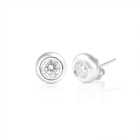 Pair of light point stud earrings with 0.5 ct brilliant cut moissanite in 925 sterling silver, displayed on a white background.