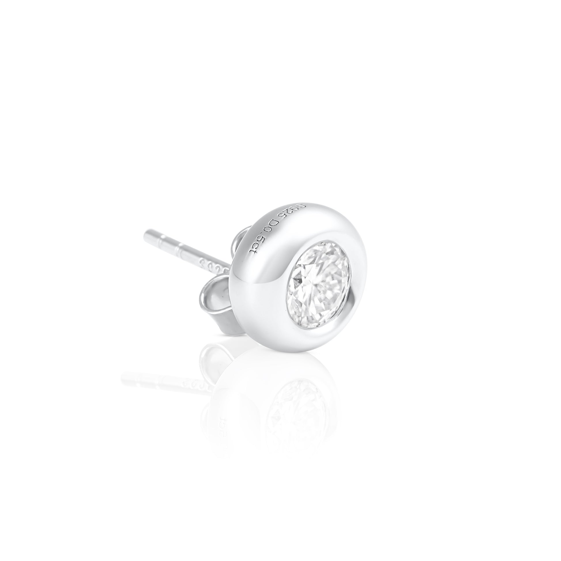 Angled side view of a light point stud earring with 0.5 ct brilliant cut moissanite in 925 sterling silver, highlighting the bezel setting and post back.