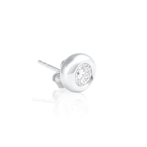 Angled side view of a light point stud earring with 0.5 ct brilliant cut moissanite in 925 sterling silver, highlighting the bezel setting and post back.