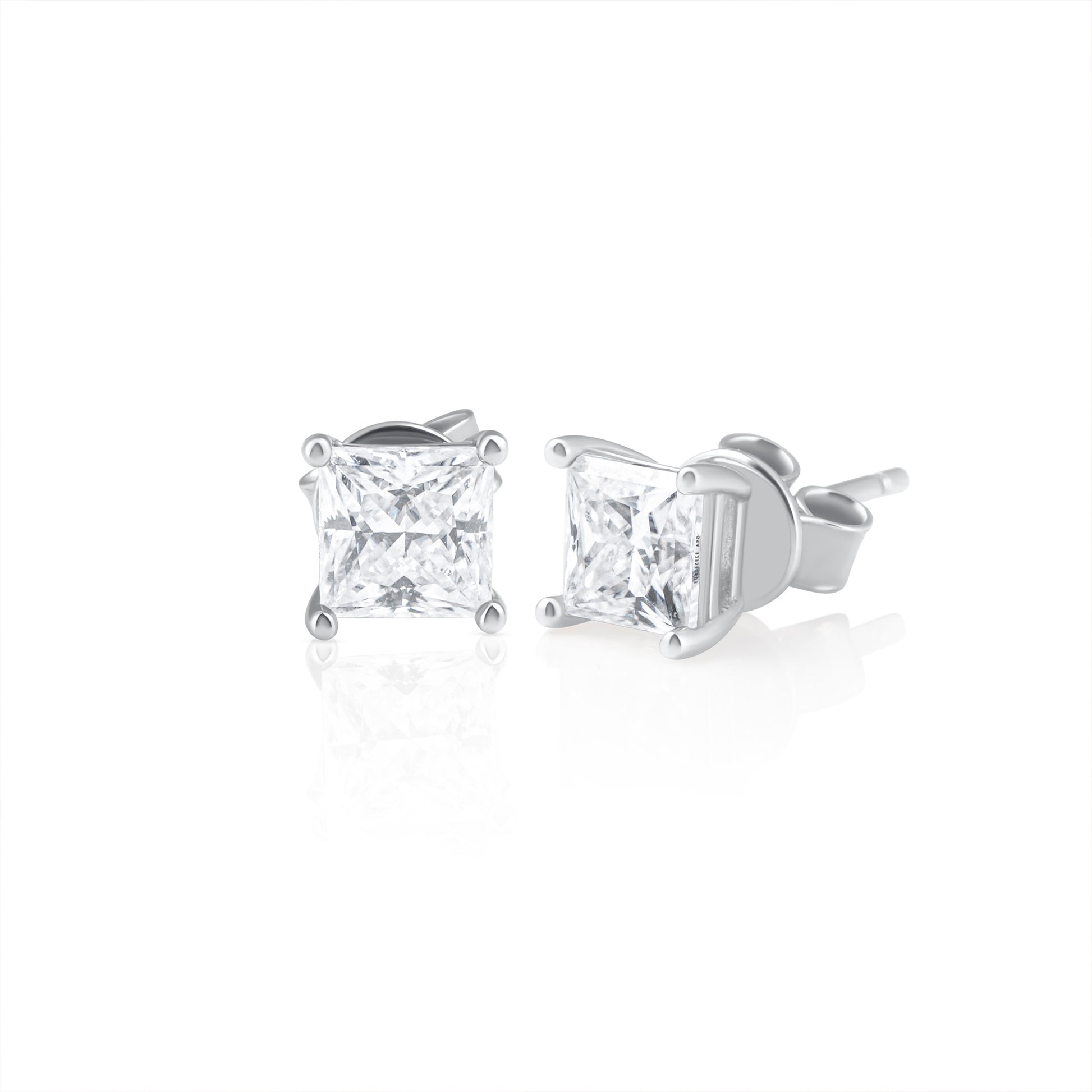 Pair of princess cut moissanite stud earrings in 925 sterling silver, displayed on a white background.