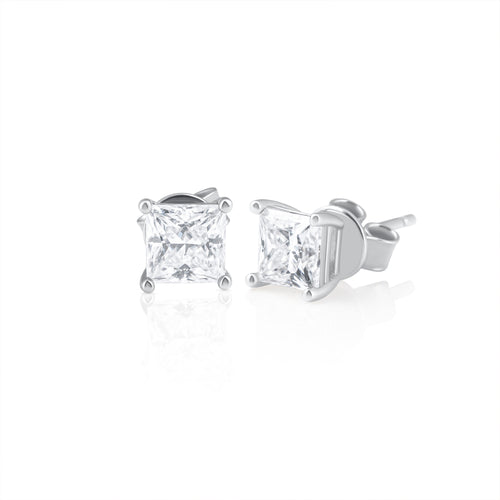 Pair of princess cut moissanite stud earrings in 925 sterling silver, displayed on a white background.