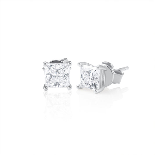 Pair of princess cut moissanite stud earrings in 925 sterling silver, displayed on a white background.
