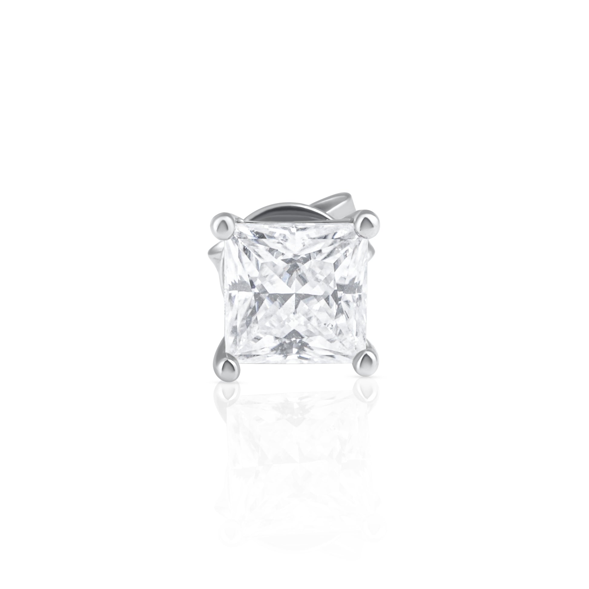 Close-up front view of a princess cut moissanite stud earring in 925 sterling silver.