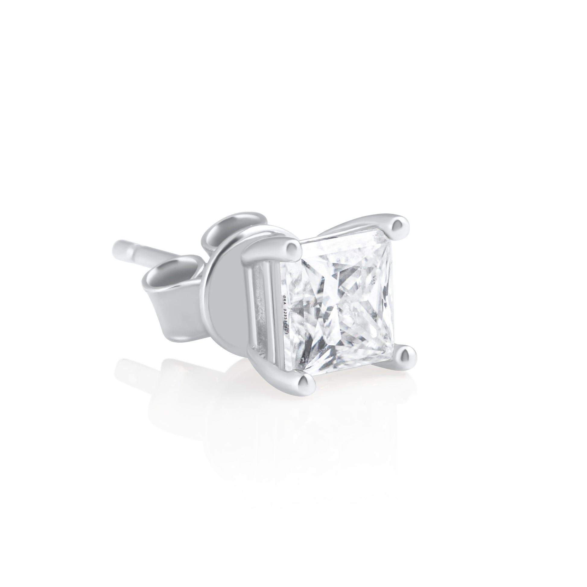 Angled side view of a princess cut moissanite stud earring in 925 sterling silver, highlighting the four-prong setting and post back.