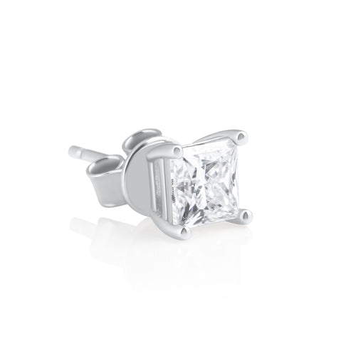 Angled side view of a princess cut moissanite stud earring in 925 sterling silver, highlighting the four-prong setting and post back.