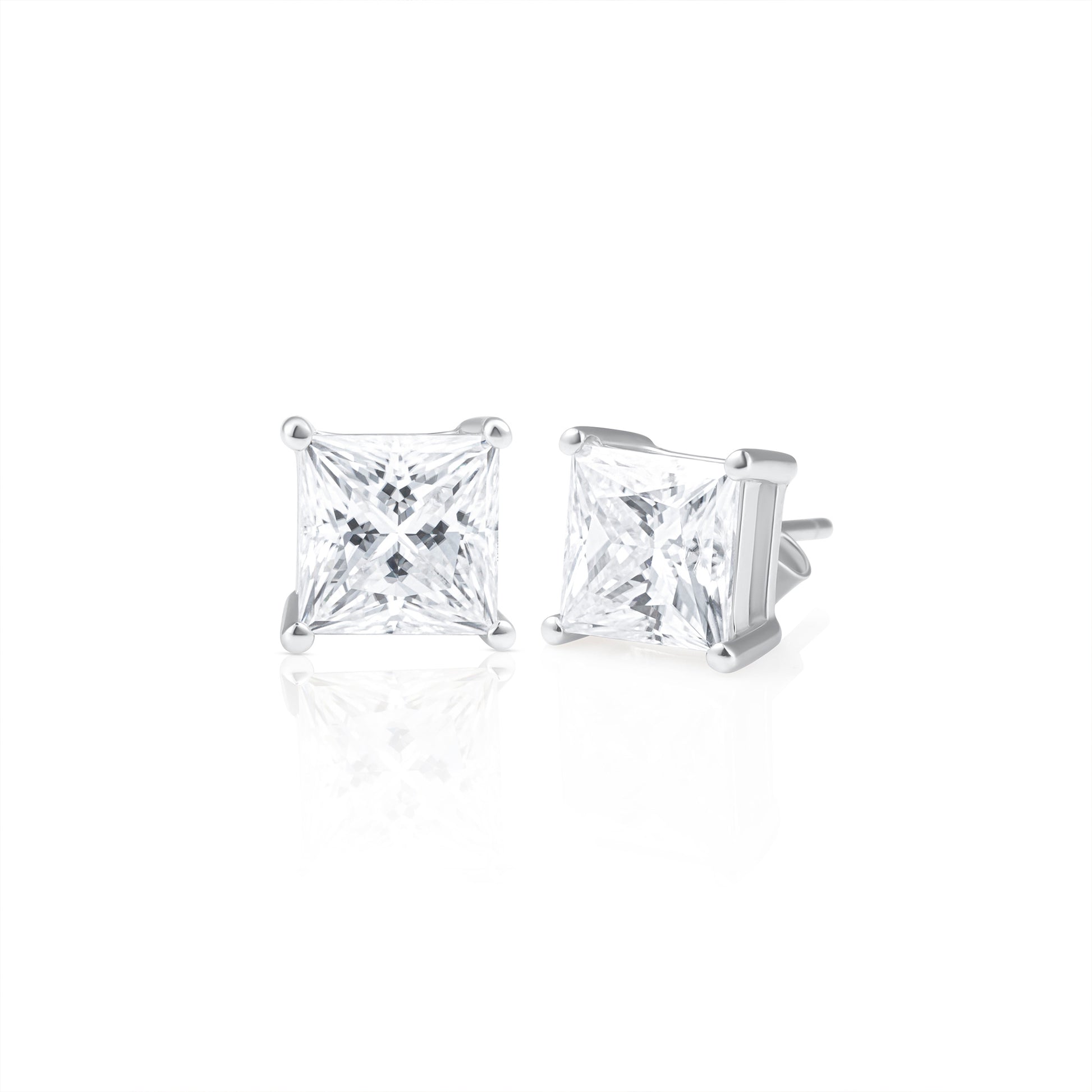 Pair of princess cut moissanite stud earrings in 925 sterling silver, displayed on a white background.