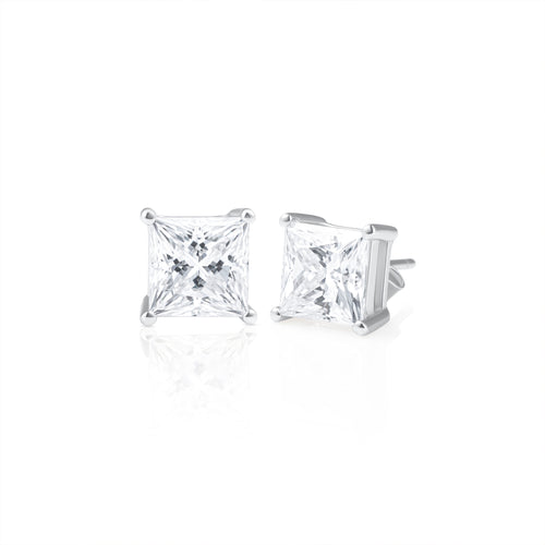 Pair of princess cut moissanite stud earrings in 925 sterling silver, displayed on a white background.