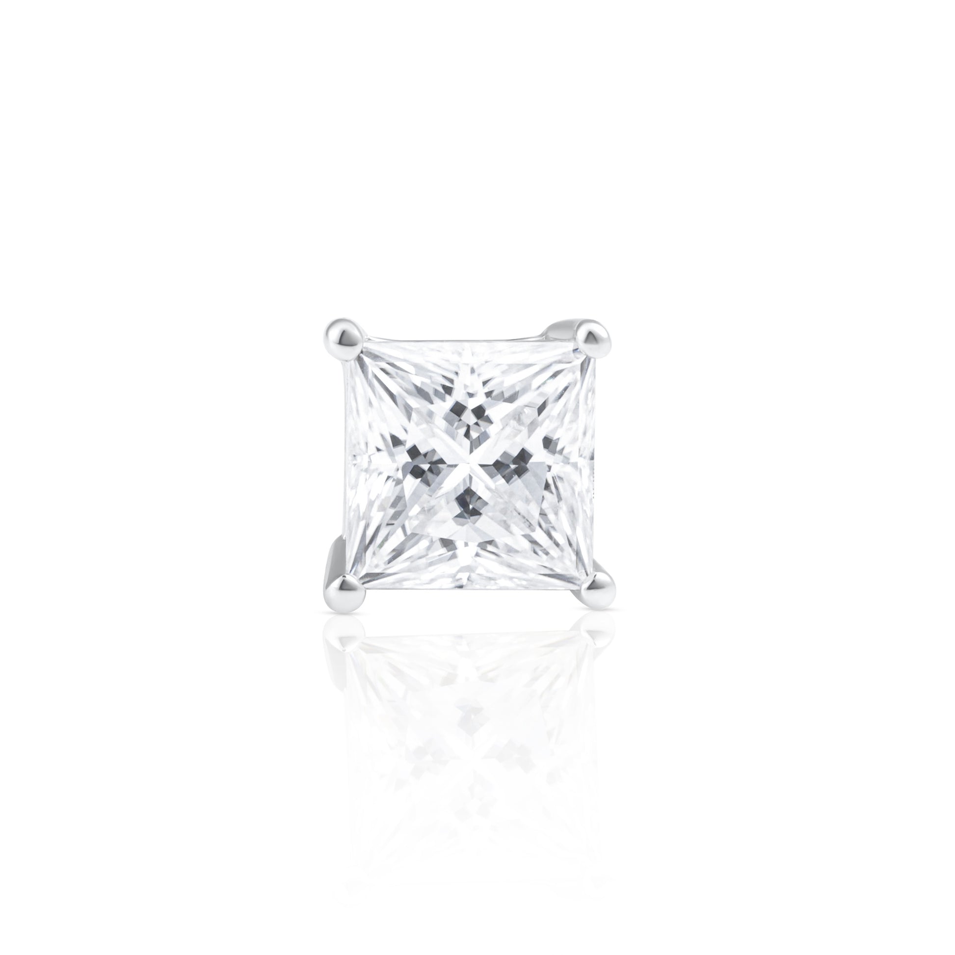 Close-up front view of a princess cut moissanite stud earring in 925 sterling silver.