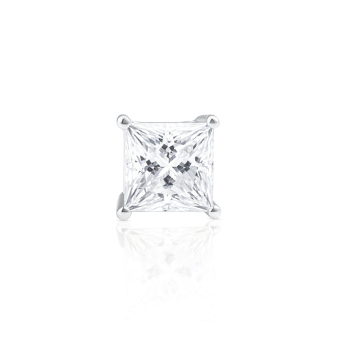 Close-up front view of a princess cut moissanite stud earring in 925 sterling silver.
