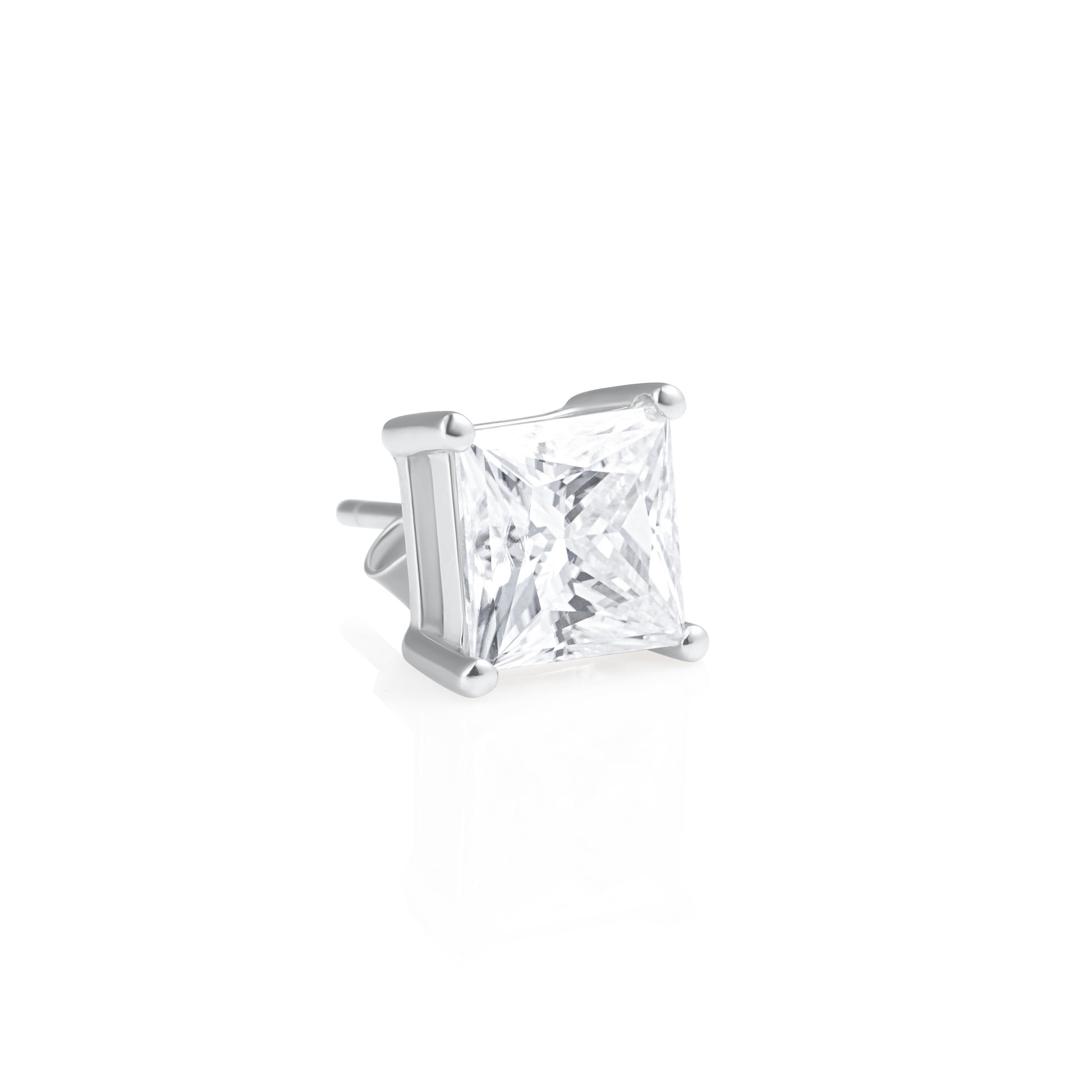 Angled side view of a princess cut moissanite stud earring in 925 sterling silver, showcasing the four-prong setting and post back.