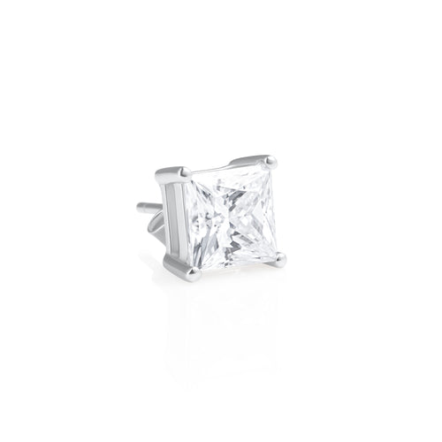 Angled side view of a princess cut moissanite stud earring in 925 sterling silver, showcasing the four-prong setting and post back.