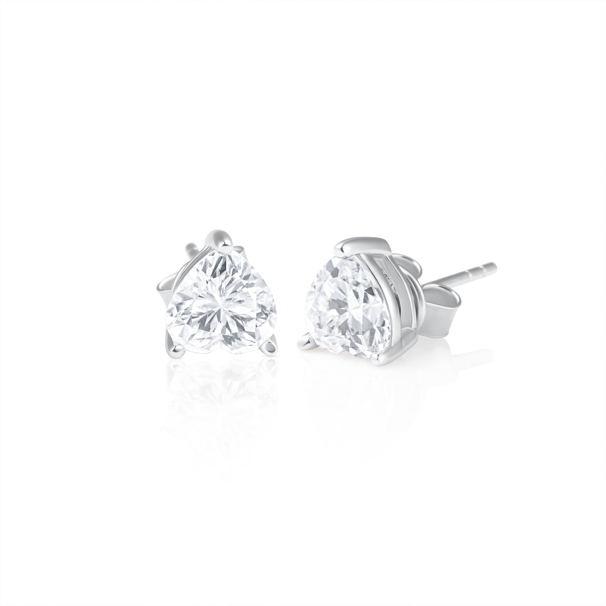 Pair of heart cut moissanite stud earrings in 925 sterling silver, displayed on a white background.