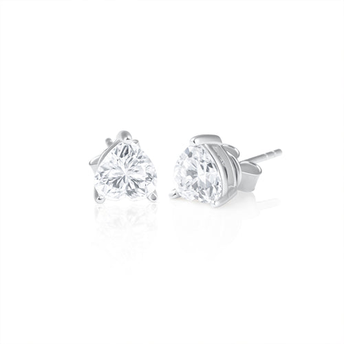 Pair of heart cut moissanite stud earrings in 925 sterling silver, displayed on a white background.